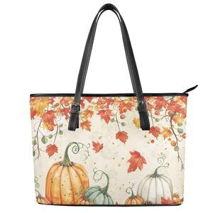 4449 Fall Shoulder Bag Pumpkin Maple Leaf Leather Tote Bag with Zipper
